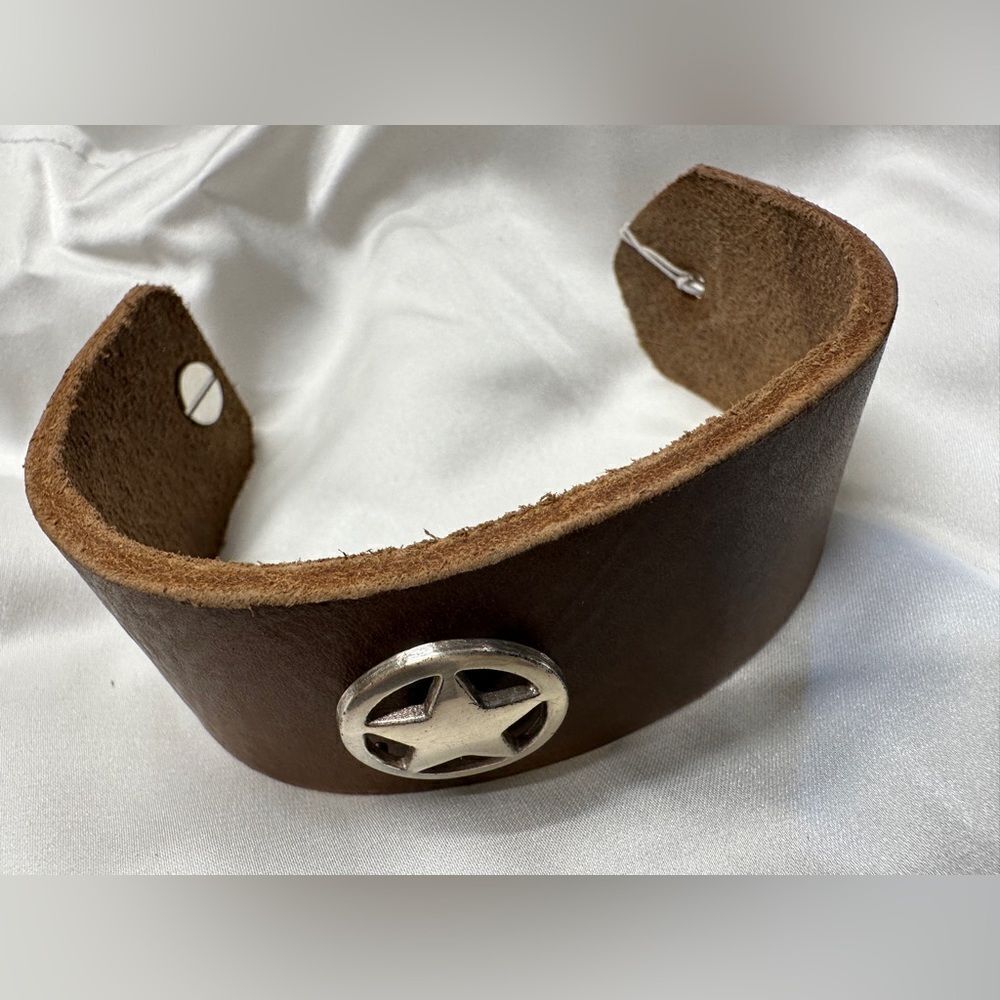 Brown Leather Cuff with Silver Star Accent  New Handmade Leather Cuff Bracelet